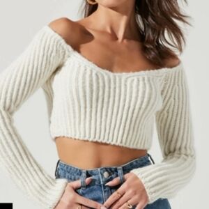 ASTR THE LABEL Mallory Off Shoulder Cream Ribbed Knit Sweater Crop Top  Small